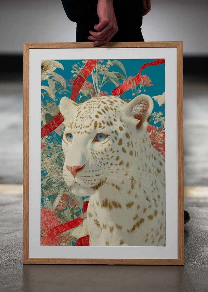 Weißer Leopard mit Blumenhintergrund
