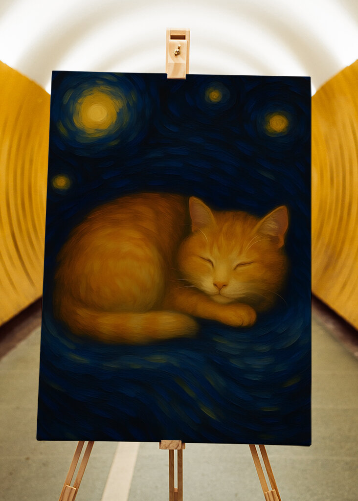 Cat Sleeping on a Starry Night