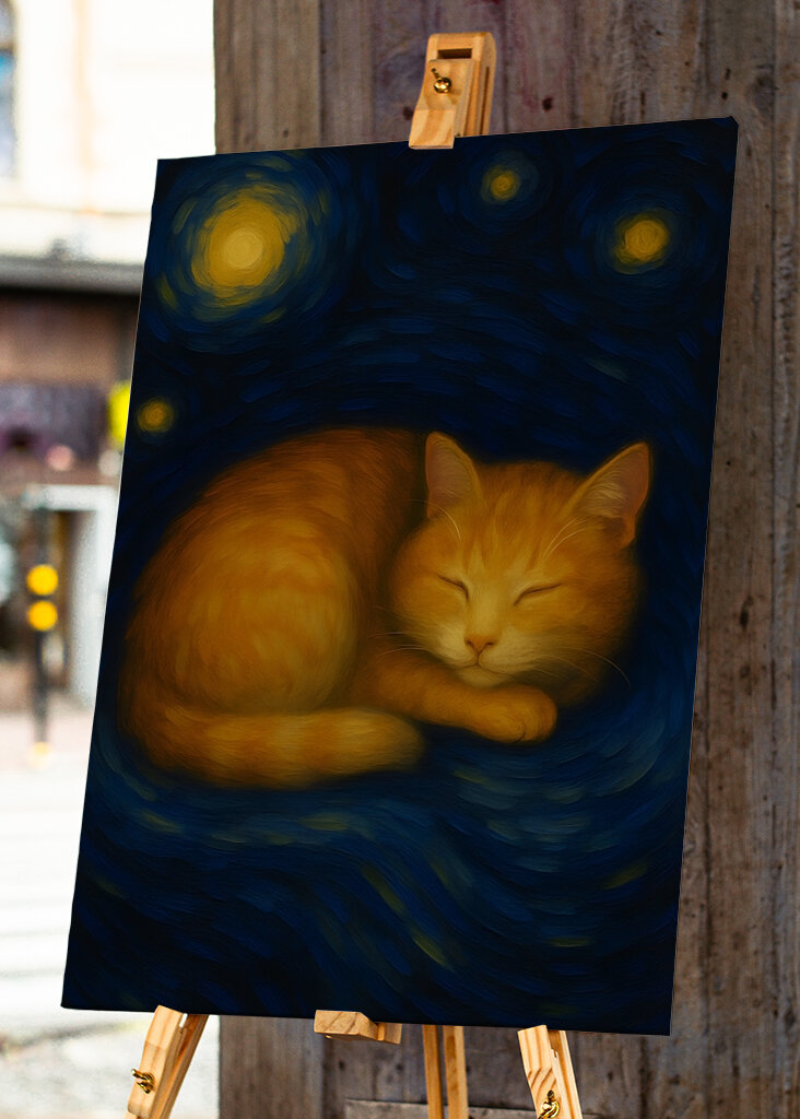 Cat Sleeping on a Starry Night