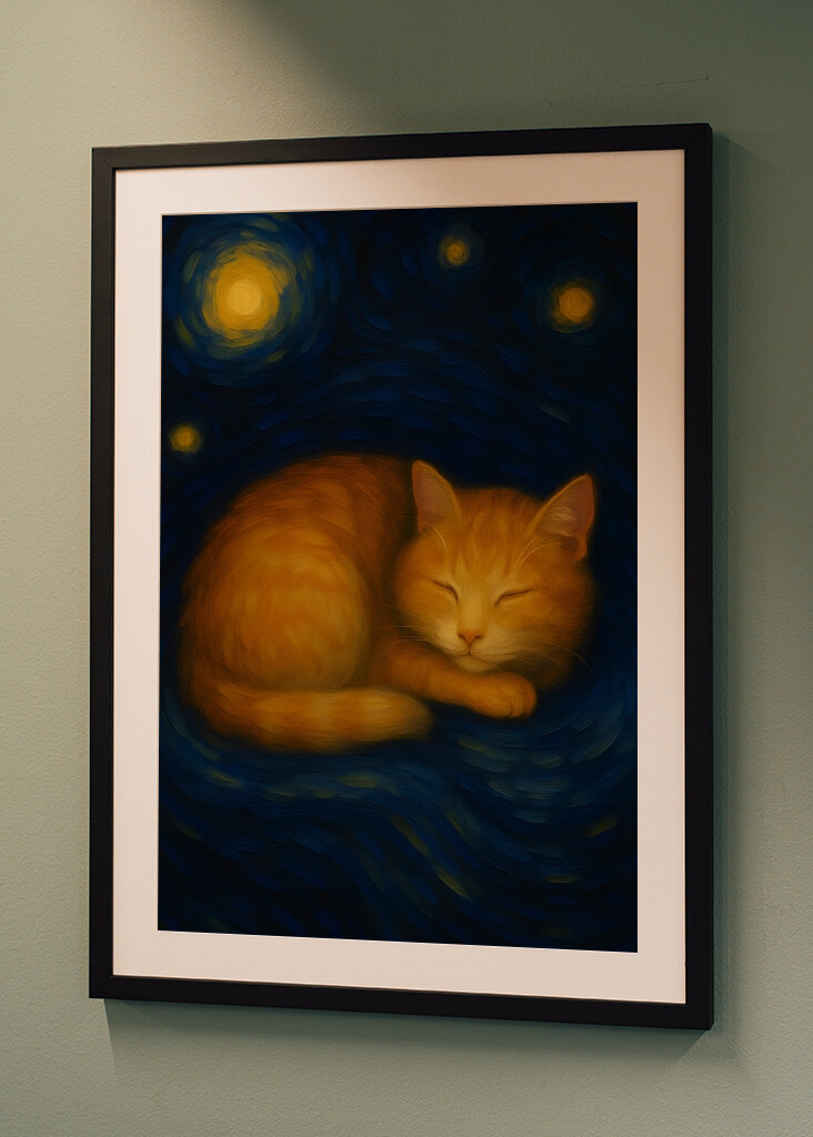 Cat Sleeping on a Starry Night