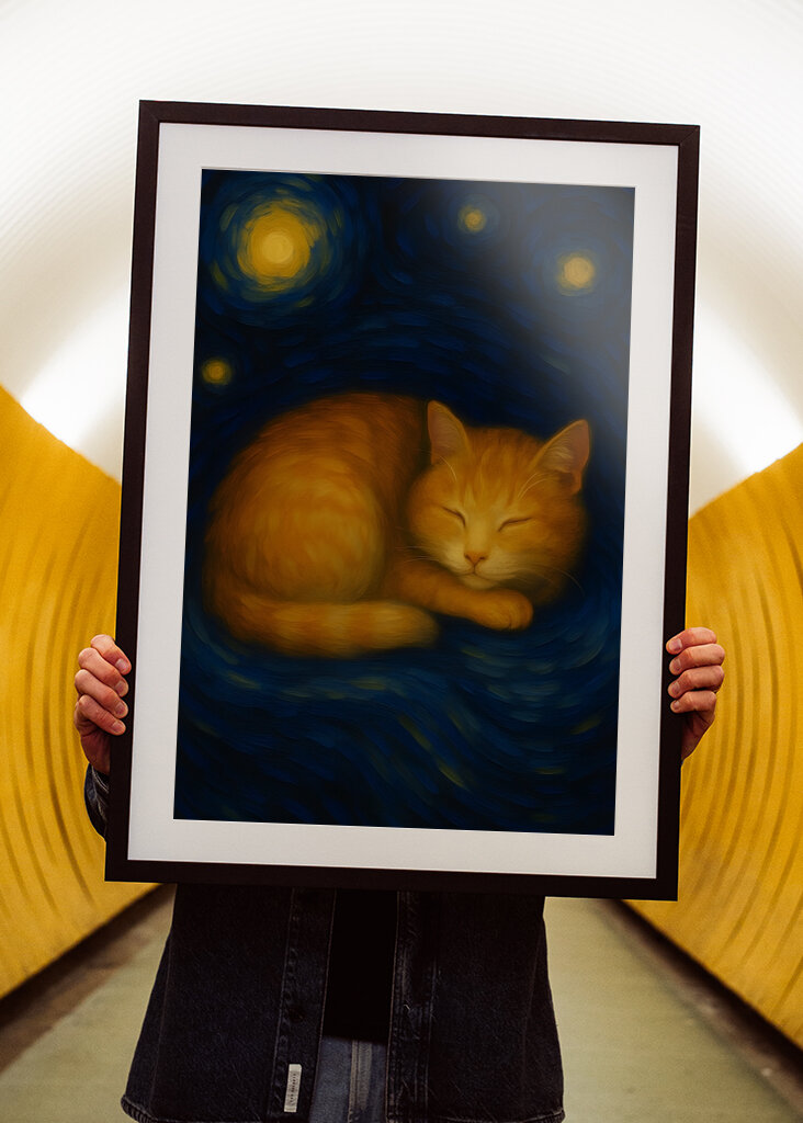 Cat Sleeping on a Starry Night