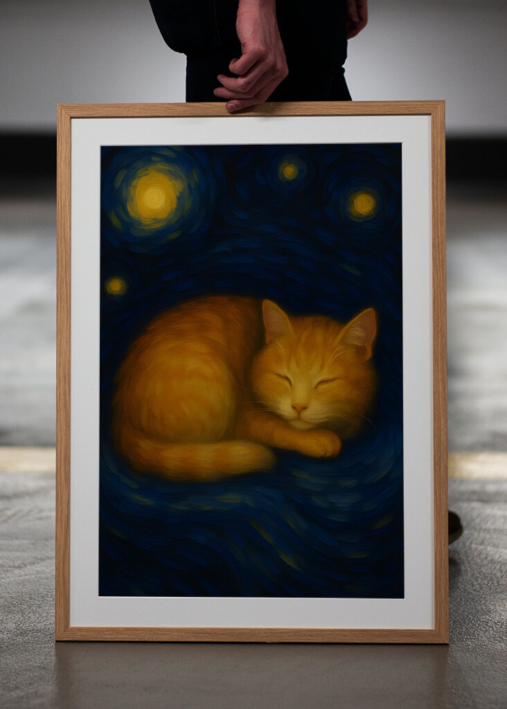 Cat Sleeping on a Starry Night