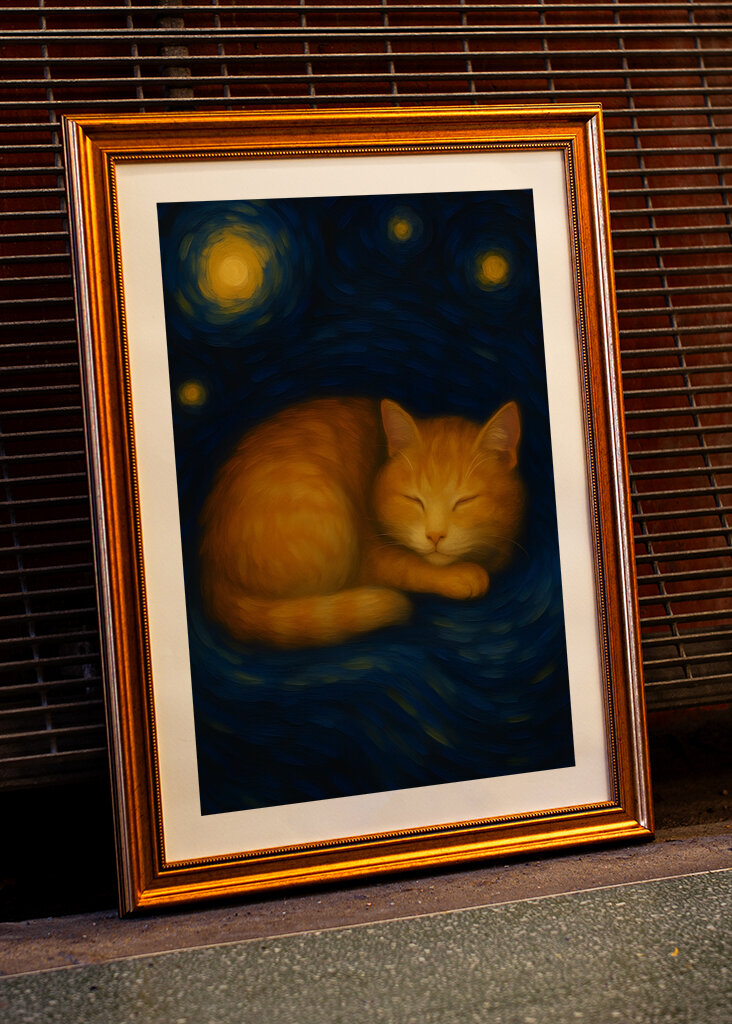 Cat Sleeping on a Starry Night