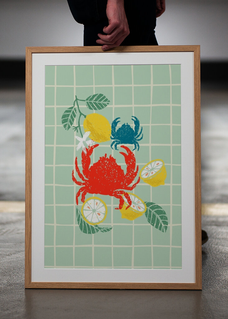 Crab and lemons Linolschnitt