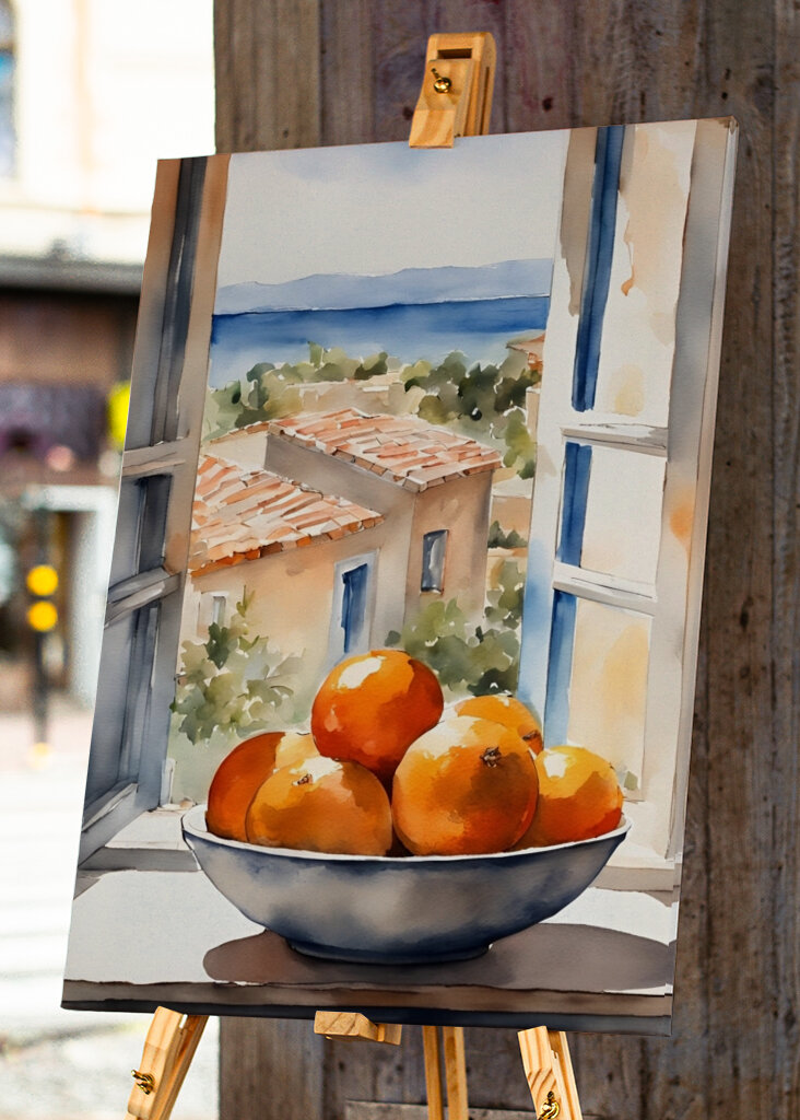 Orangen in Schale mit Meerblic