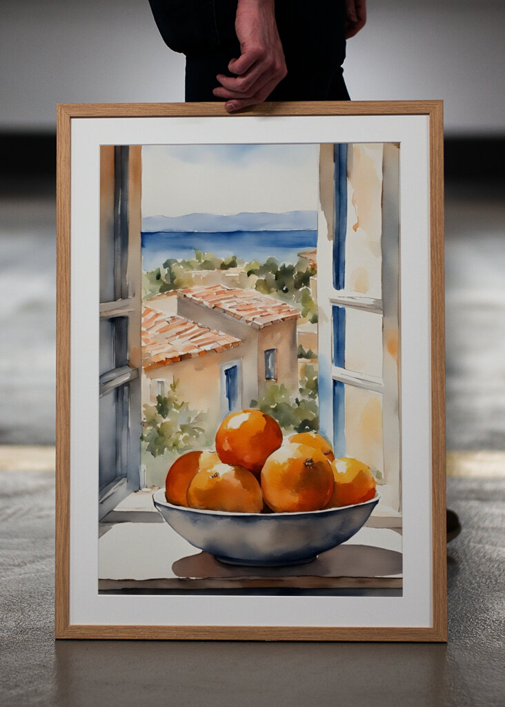 Orangen in Schale mit Meerblic