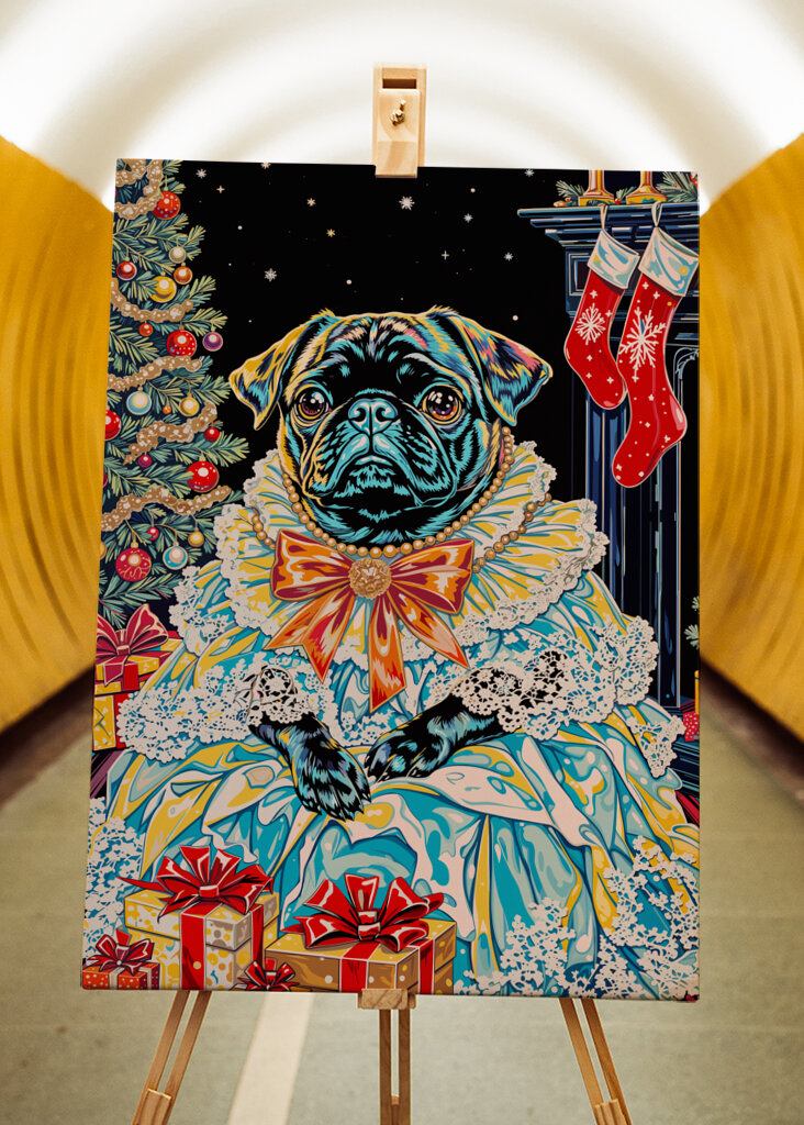 Regal Pug in Holiday Dress