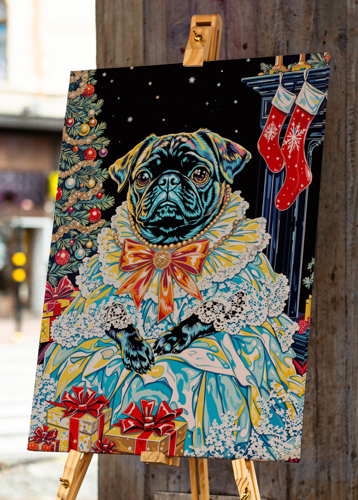 Regal Pug in Holiday Dress