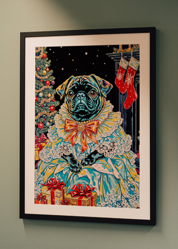 Regal Pug in Holiday Dress