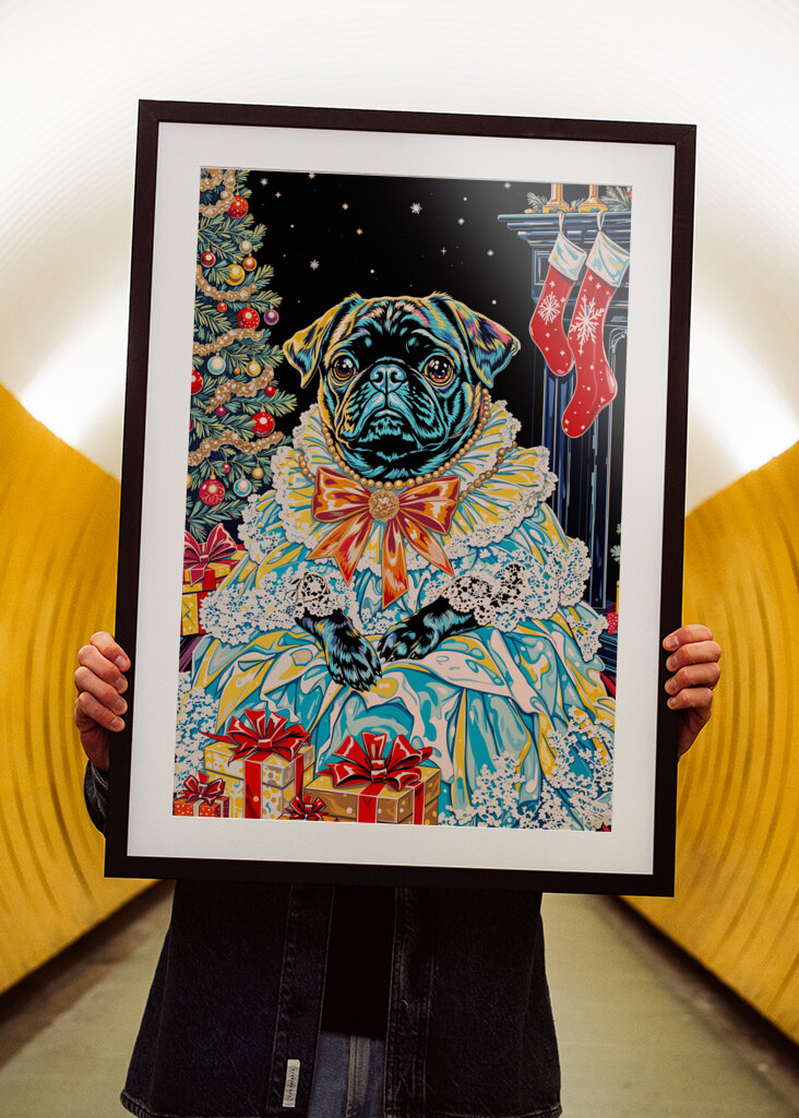 Regal Pug in Holiday Dress