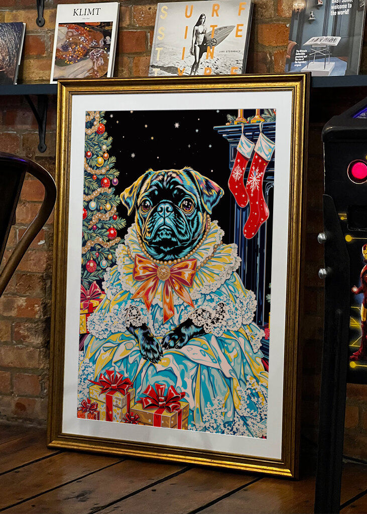 Regal Pug in Holiday Dress