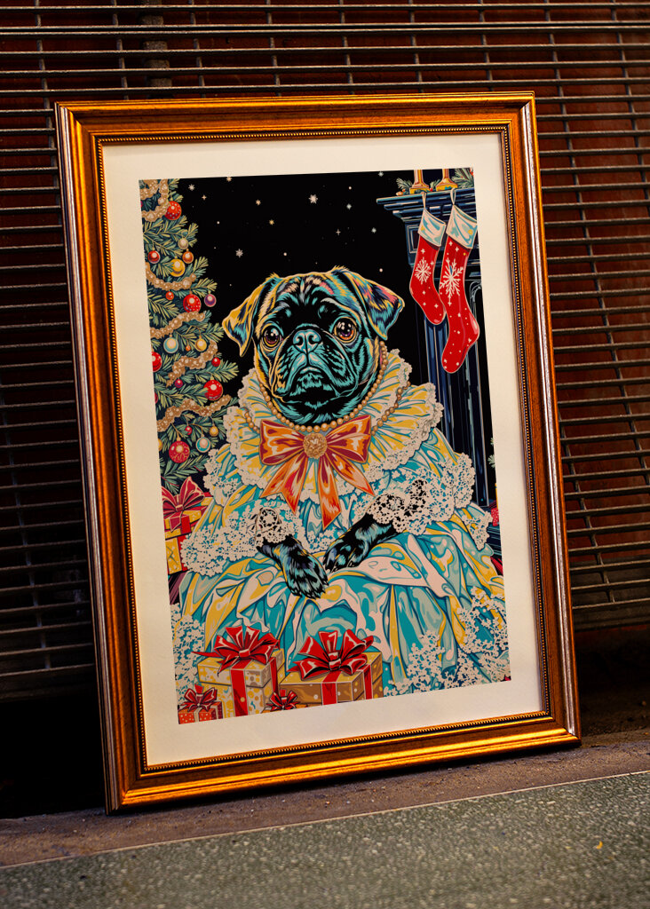 Regal Pug in Holiday Dress