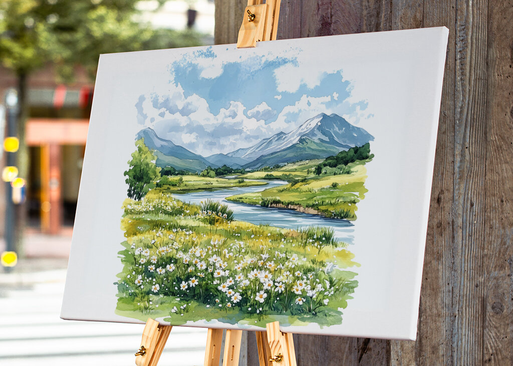 Grasland Berge Blumen Fluss