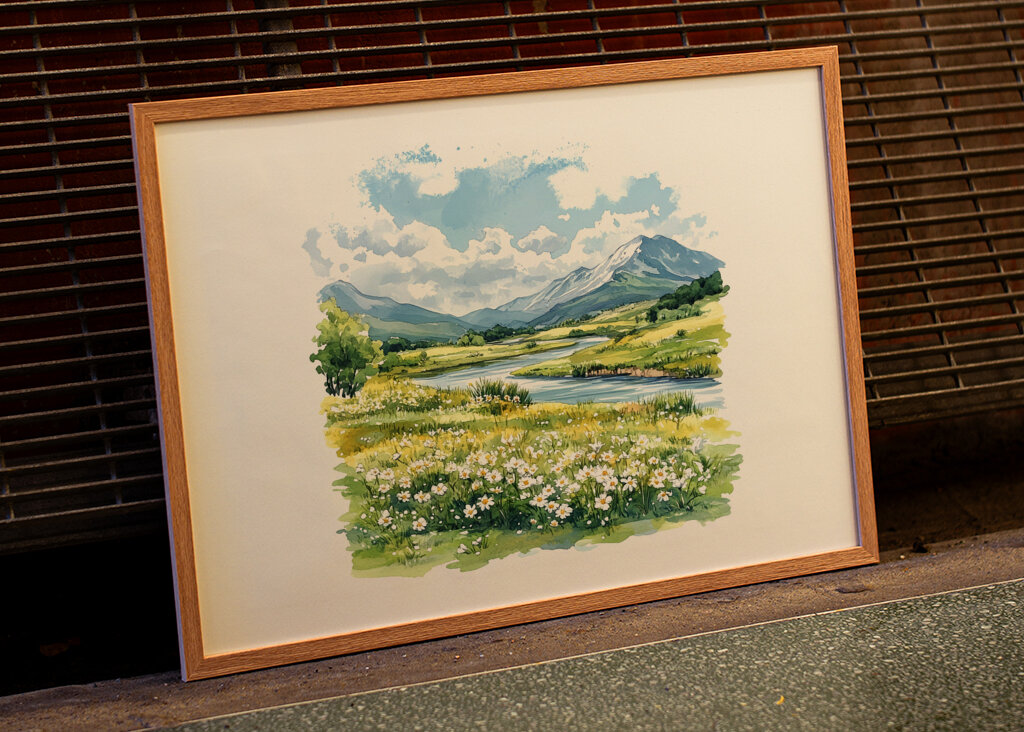 Grasland Berge Blumen Fluss