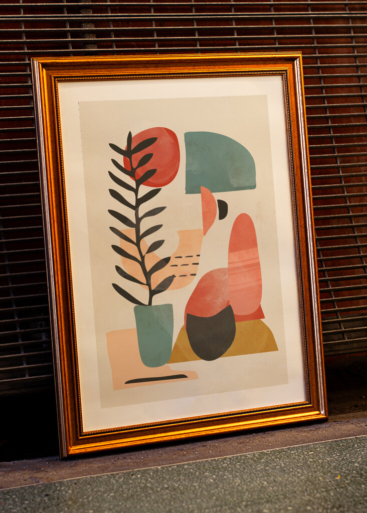 Geometric Shapes And A Stylized Plant,