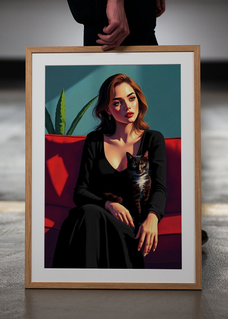 Rödhårig skönhet med katt