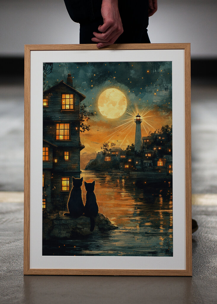 Mond in der Nacht Katzen und Leuchtturm