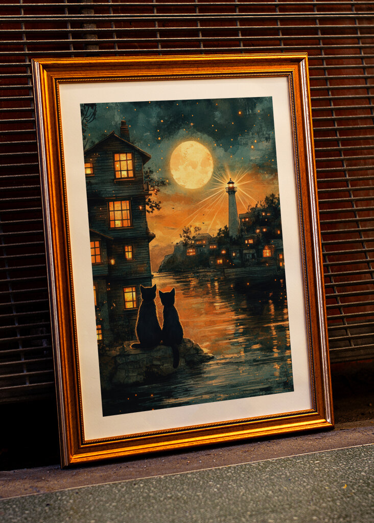 Mond in der Nacht Katzen und Leuchtturm