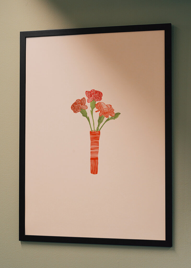 Red Carnations In Red Vase