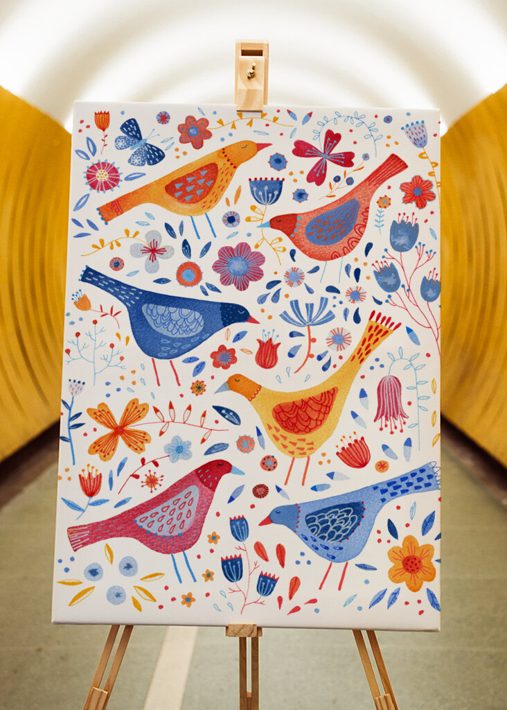 Birds In A Garden Of Flowers Red Yellow Blue