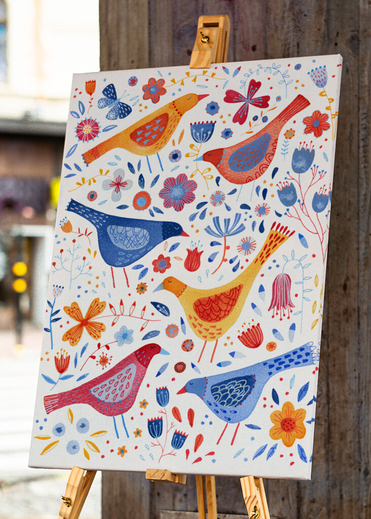 Birds In A Garden Of Flowers Red Yellow Blue