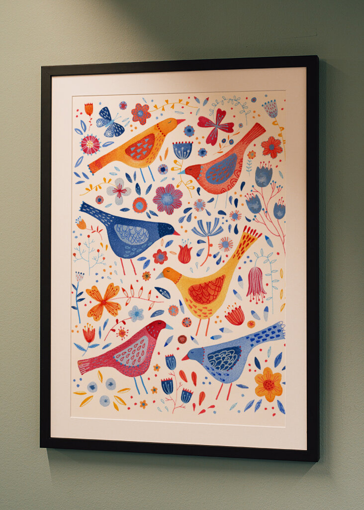 Birds In A Garden Of Flowers Red Yellow Blue