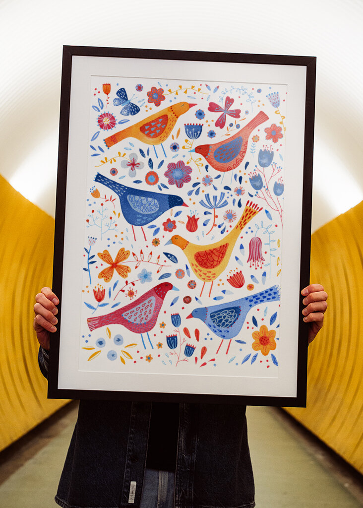 Birds In A Garden Of Flowers Red Yellow Blue