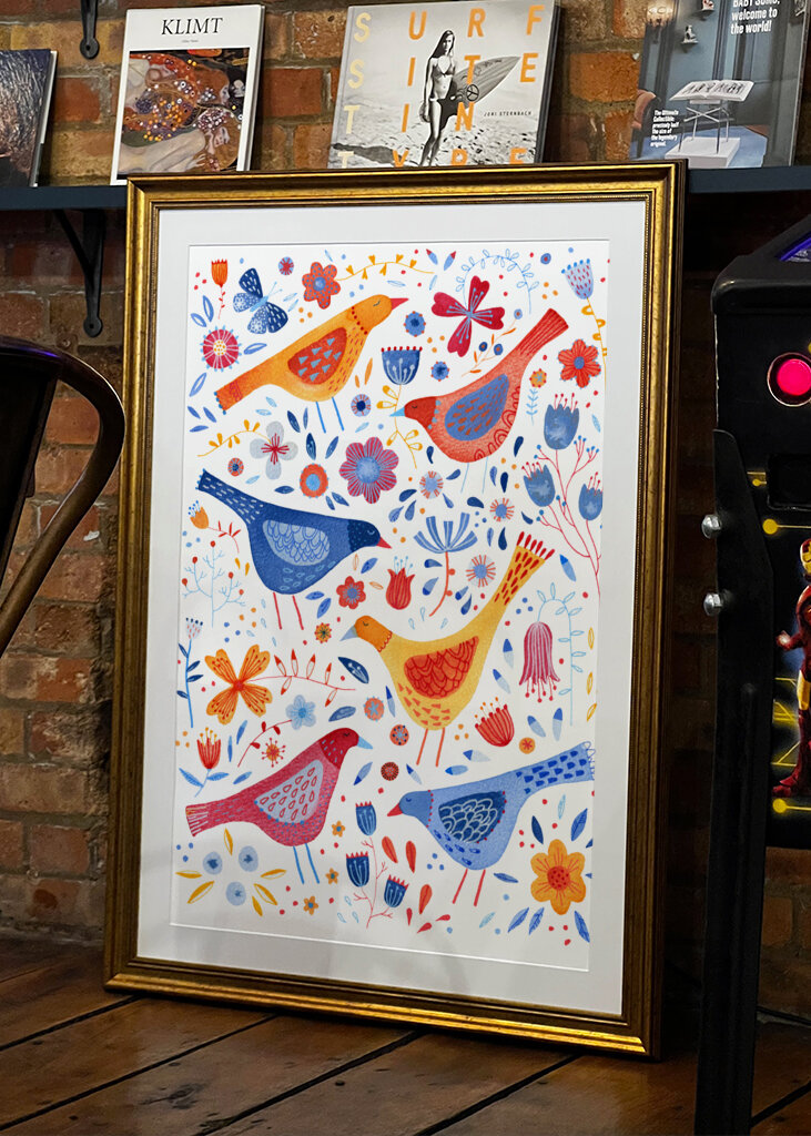 Birds In A Garden Of Flowers Red Yellow Blue