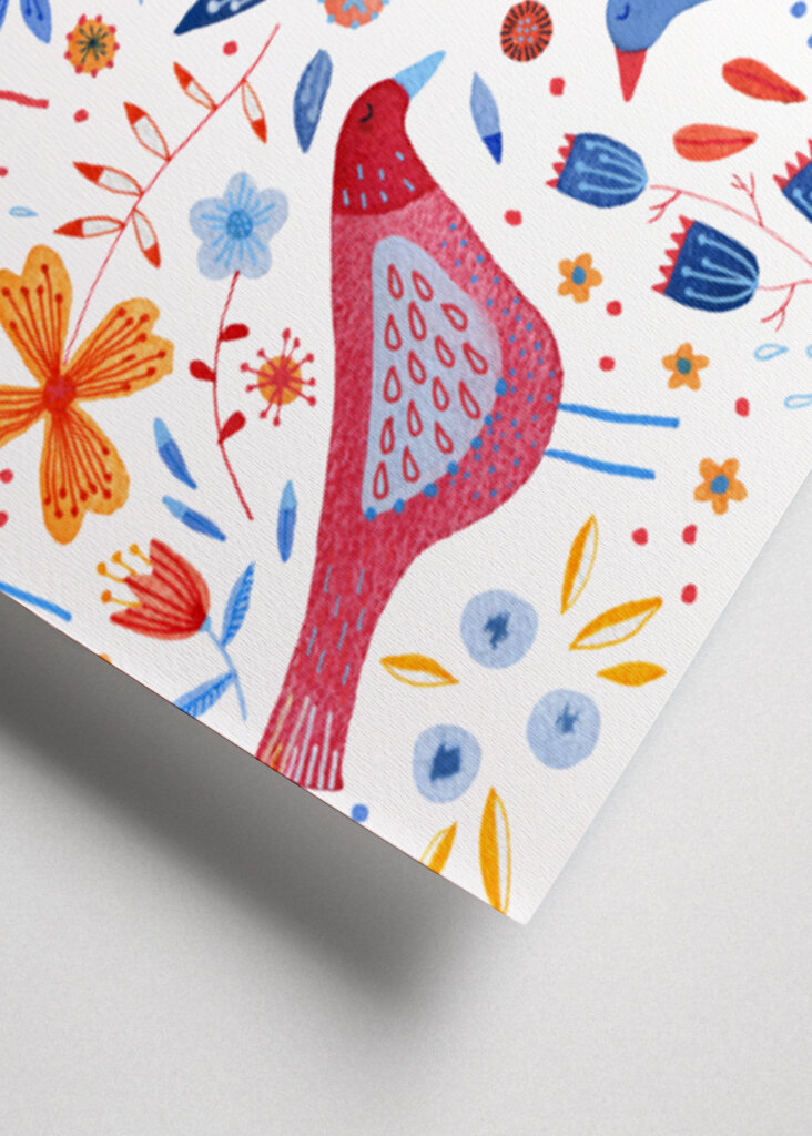 Birds In A Garden Of Flowers Red Yellow Blue