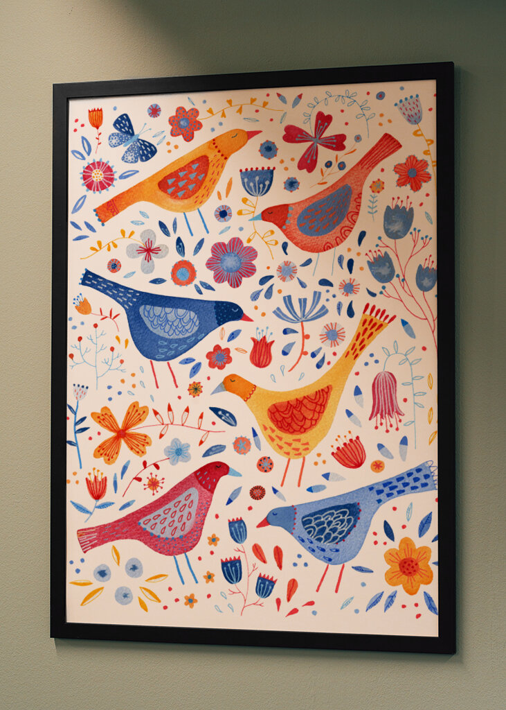 Birds In A Garden Of Flowers Red Yellow Blue