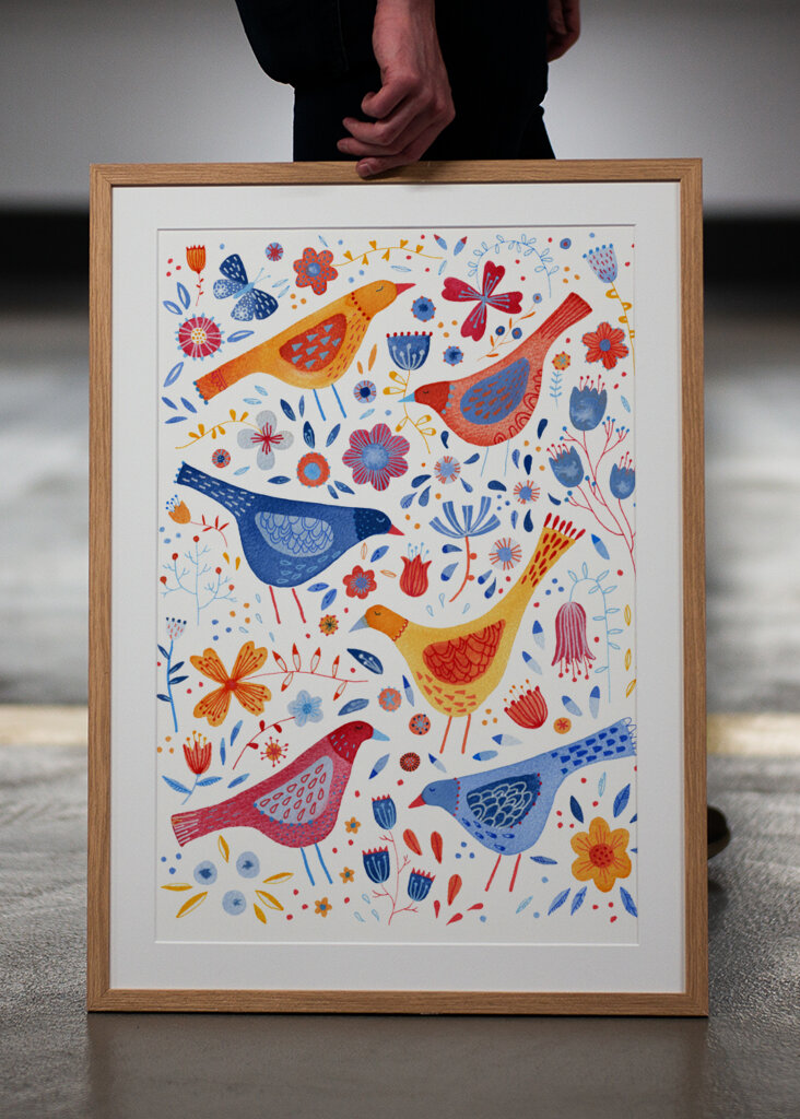 Birds In A Garden Of Flowers Red Yellow Blue