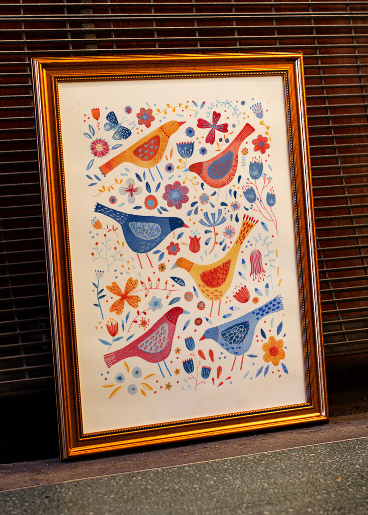 Birds In A Garden Of Flowers Red Yellow Blue