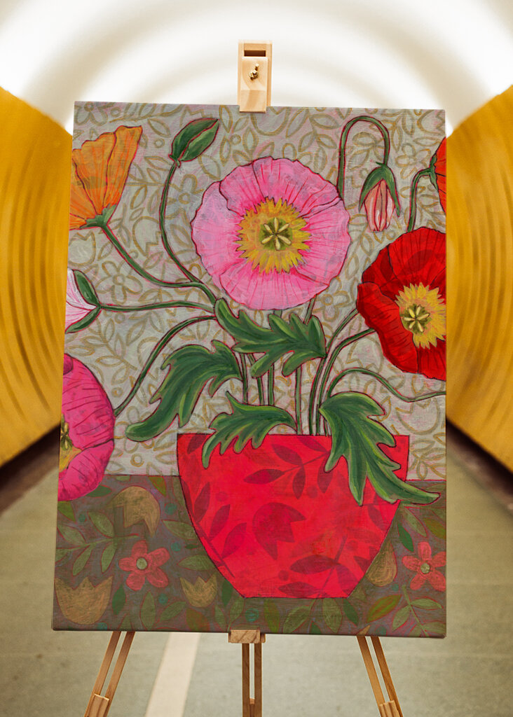 Colorful Poppies In A Red Vase