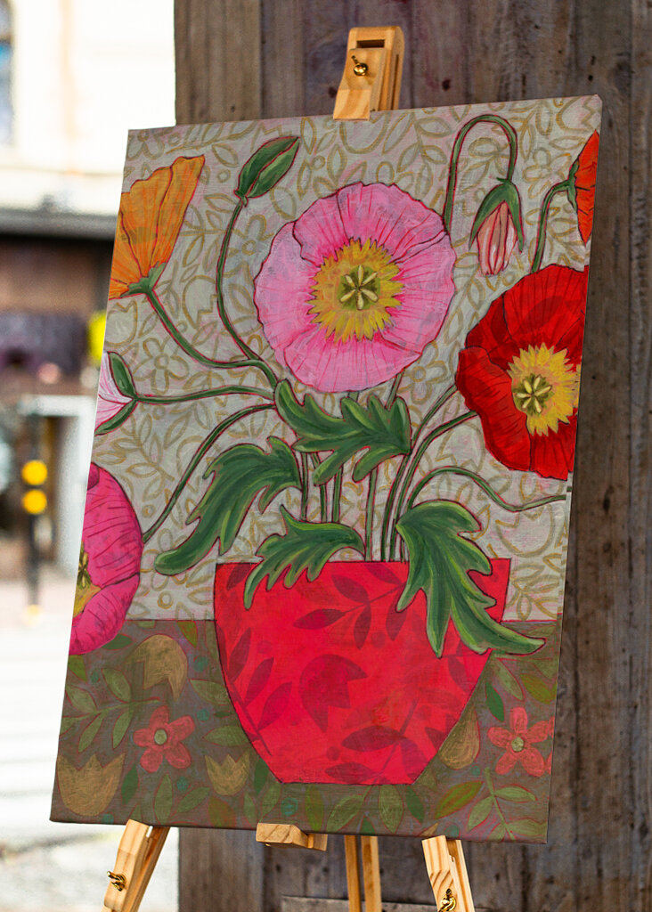 Colorful Poppies In A Red Vase