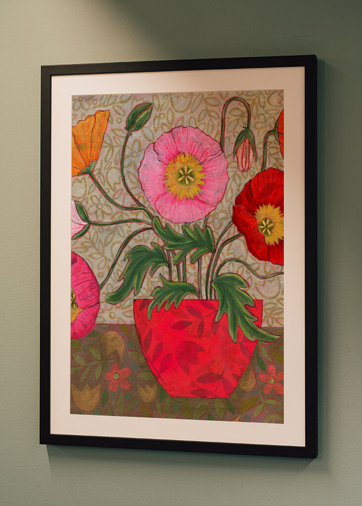 Colorful Poppies In A Red Vase