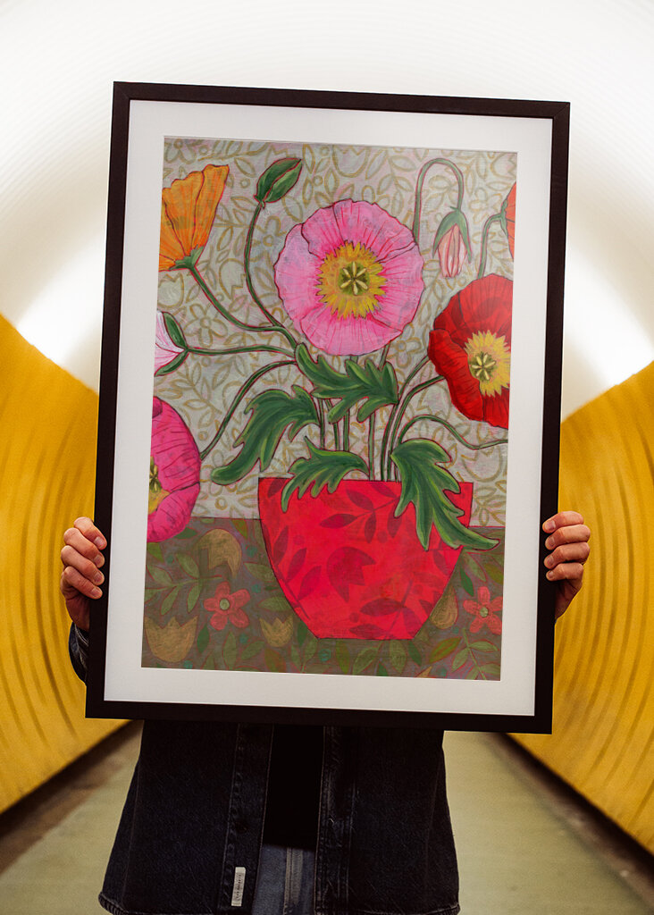 Colorful Poppies In A Red Vase