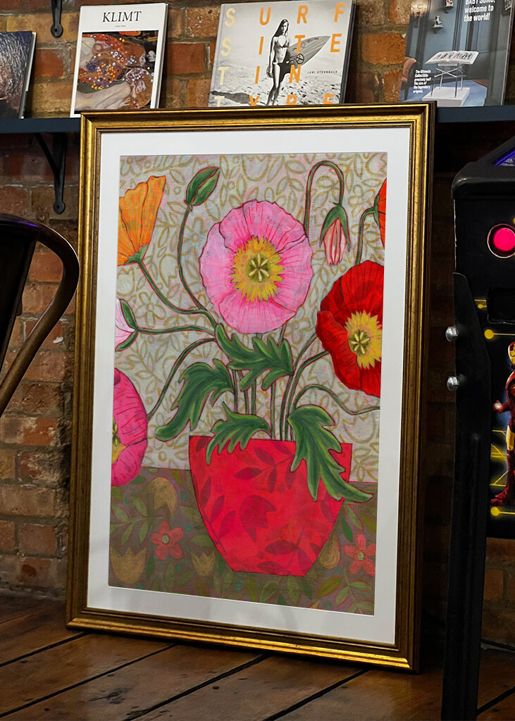 Colorful Poppies In A Red Vase