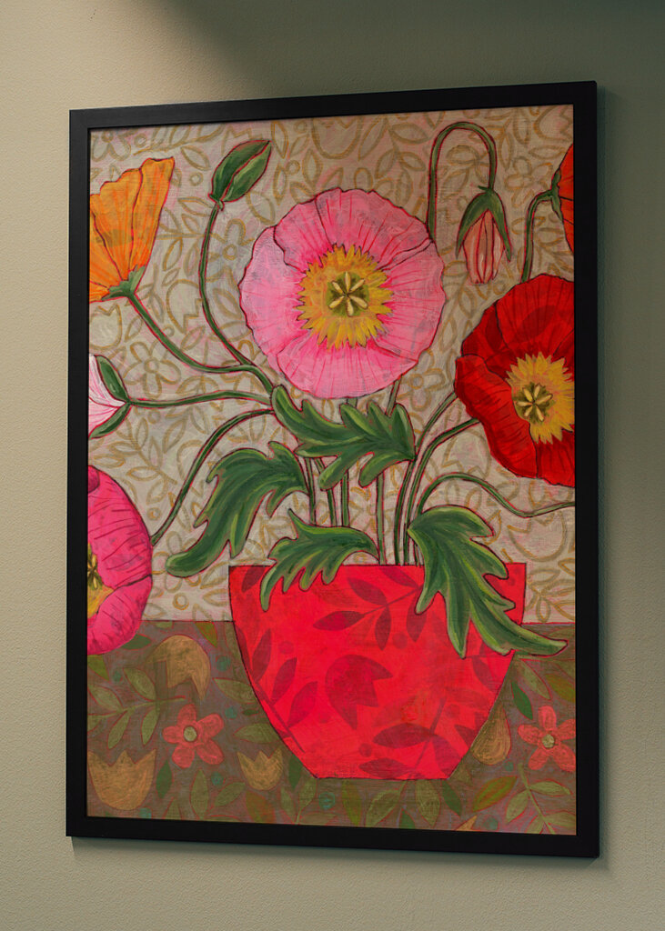 Colorful Poppies In A Red Vase