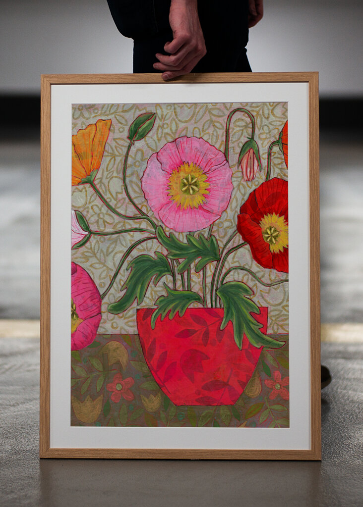 Colorful Poppies In A Red Vase