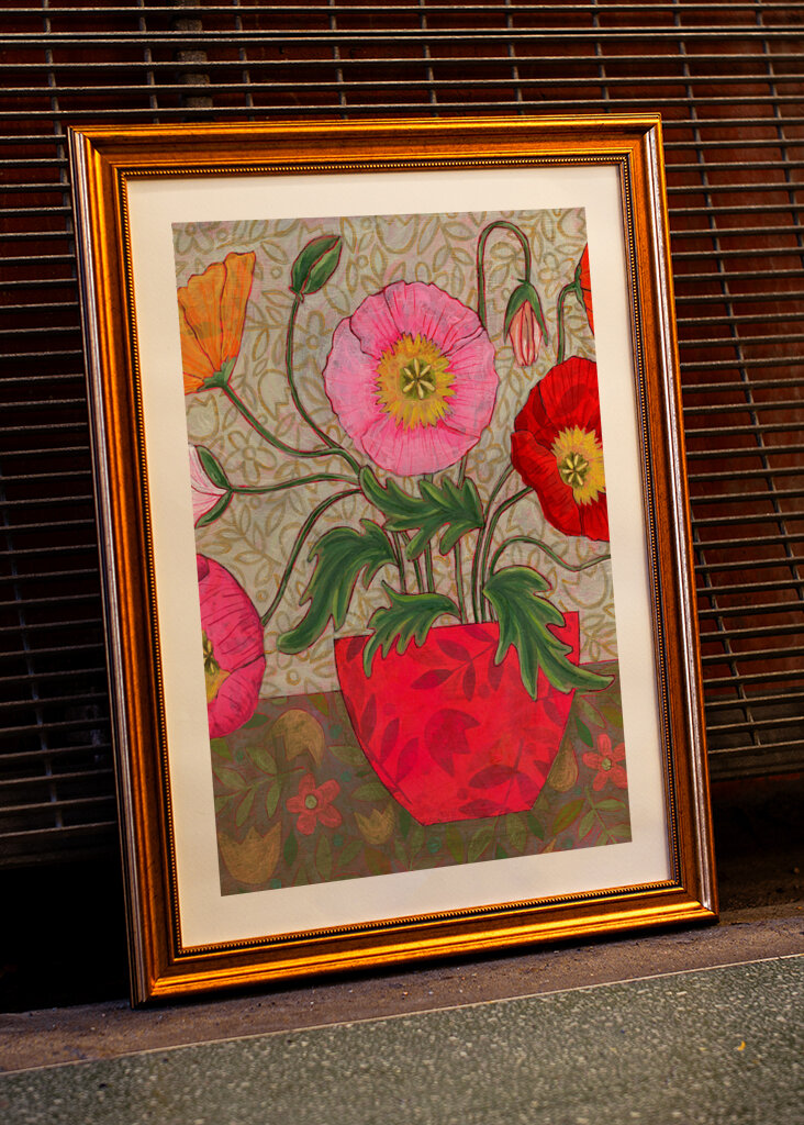 Colorful Poppies In A Red Vase