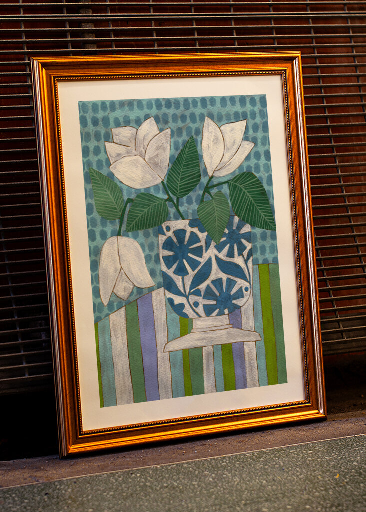 White Flowers In A Patterned Vase