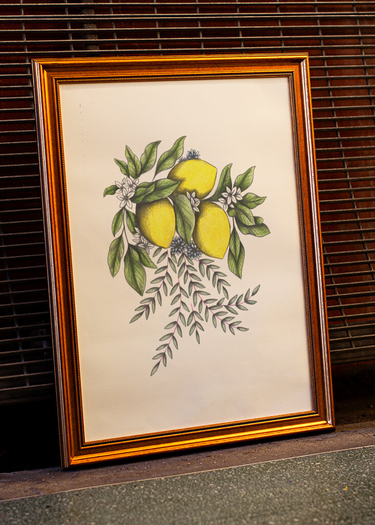 Lemons and Green leaves with Delicate White Blossoms