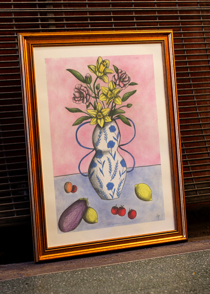 Floral Vase with Yellow and Pink Flowers