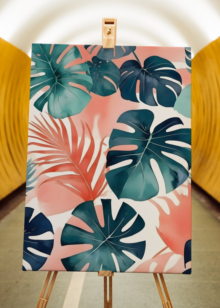 Teal And Coral Monstera Leaves