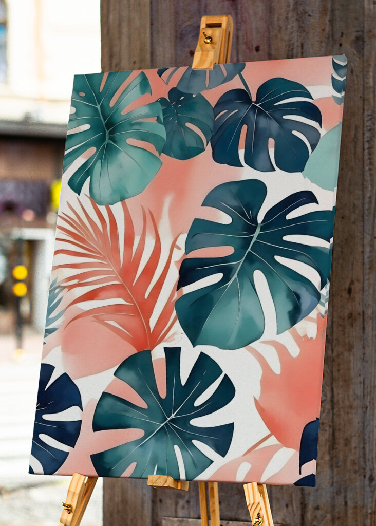 Teal And Coral Monstera Leaves