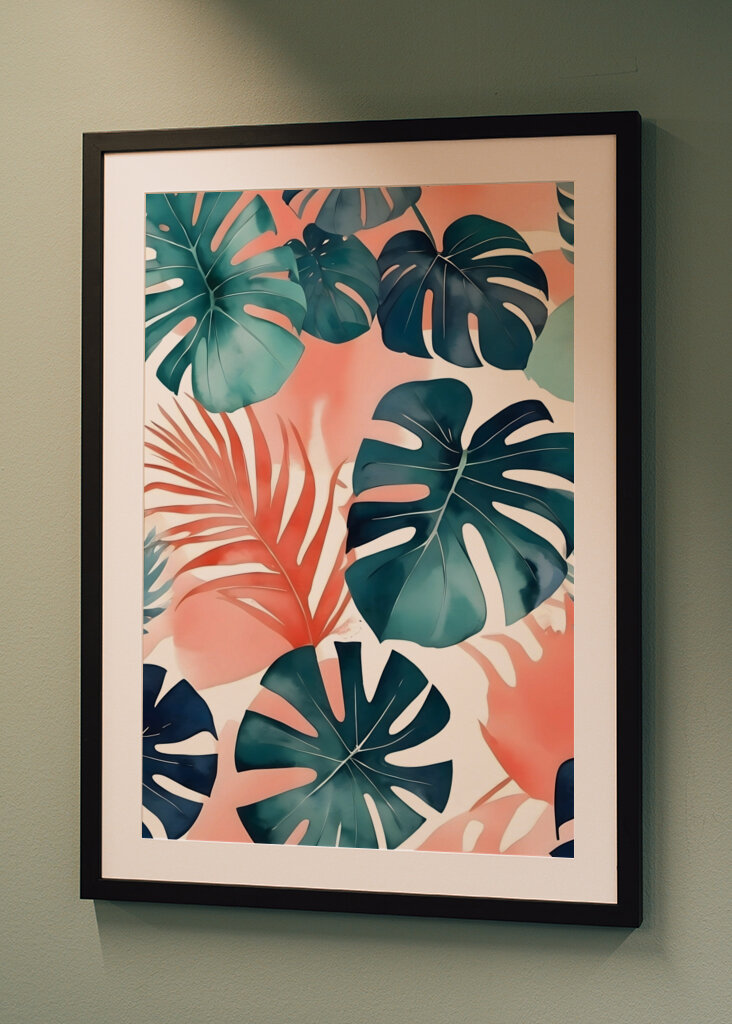 Teal And Coral Monstera Leaves