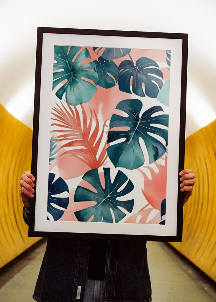 Teal And Coral Monstera Leaves