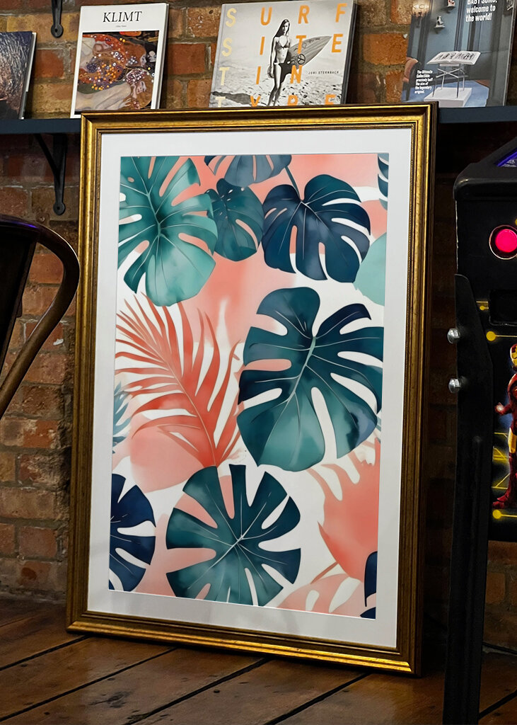 Teal And Coral Monstera Leaves