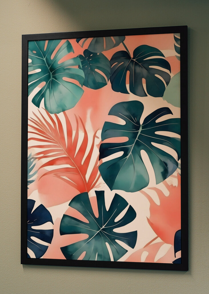 Teal And Coral Monstera Leaves