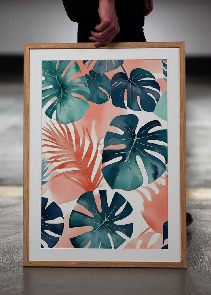 Teal And Coral Monstera Leaves